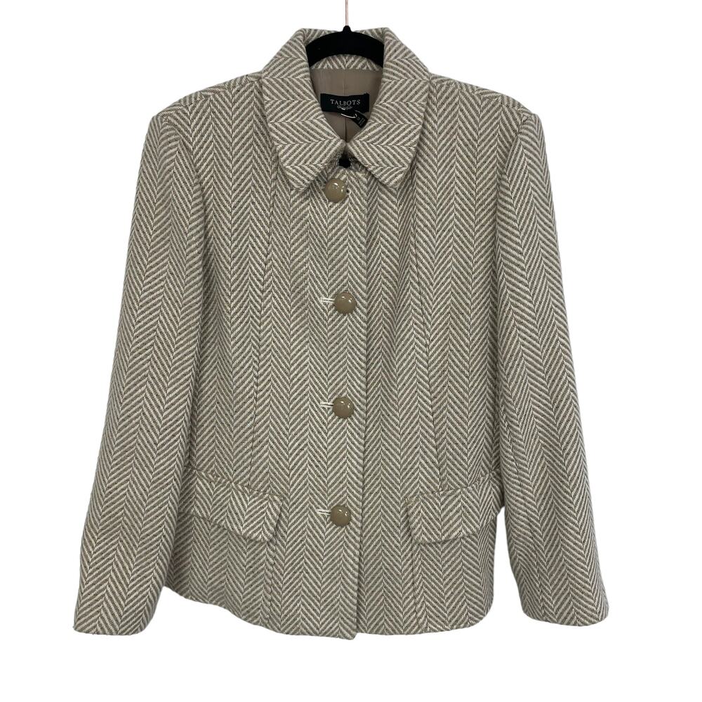Talbots Button Front Wool Blend Short Coat Beige Gray Womens 12